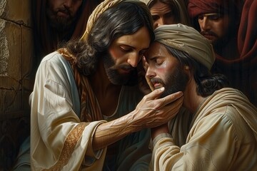 Obraz premium Portrait of Jesus healing the blind man in jerusalem: capturing the compassionate miracle of sight restoration, depicting a profound moment of faith and divine intervention in biblical narrative