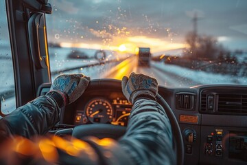 Truck driver's hands on steering wheel, driving at sunset with raindrops on windshield.