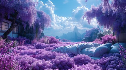 lavender bed cloud surreal art 3d rendering. cloudscape colourful dream.