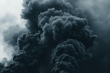 Ominous black smoke cloud rising after a devastating fire, disaster aftermath concept - obrazy, fototapety, plakaty