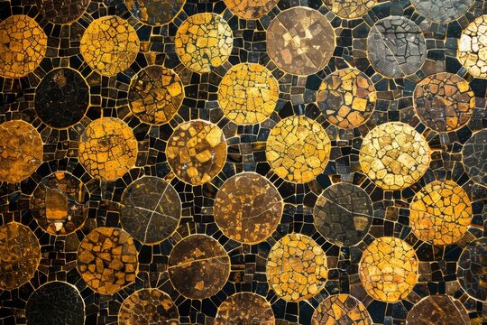 Opulence of Byzantine mosaics, circle tiny metallic tessera, form sacred and imperial, glinting with wealth and spirituality of the medieval Byzantine Empire created with Generative AI Technology