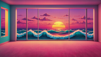 Escaping reality in a surreal empty pink retrowave room with a large window view of turbulent ocean waves with a beautiful golden hour sunset.