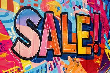 Colorful graffiti SALE! text with dynamic street art elements and a playful, urban aesthetic