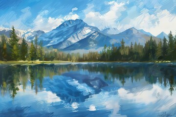 Mountains and Pine Forest Serene Lake Reflection in Nature, Digital Painting on Canvas