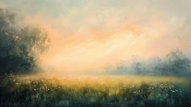 A dawn-lit meadow with a mist hovering over dewy grass, the sky painted in soft hues of orange and pink reflecting the mornings first light. Emphasize an impressionistic style