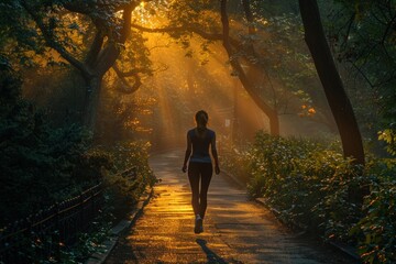 Fototapeta premium A female jogger enjoys a peaceful run through a sunlit park with autumn leaves.