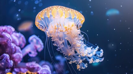 Jellyfish Relaxation Spa, Tranquil images showcasing jellyfish in serene underwater environments, promoting relaxation spas, floatation therapy