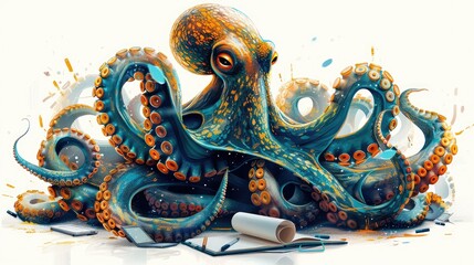 Octopus Multitasking Skills, Dynamic illustrations featuring octopuses managing multiple tasks simultaneously, symbolizing multitasking abilities, efficiency, and adaptability
