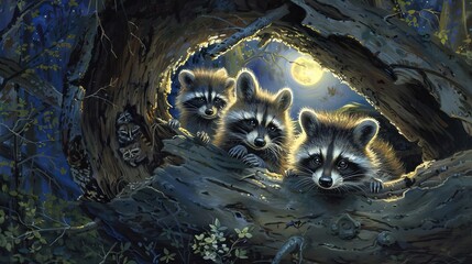 A family of raccoons peeking out from a hollow log in a moonlit forest, their eyes sparkling with curiosity. Emphasize an impressionistic style, focusing on mood rather than meticulous detail - obrazy, fototapety, plakaty
