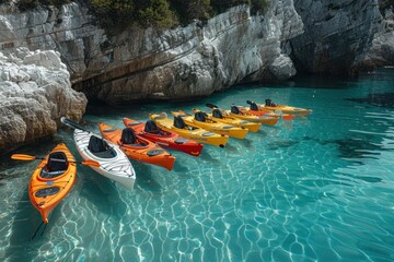 Line of colorful kayaks moored in a crystal-clear cove with rocky cliffs. - obrazy, fototapety, plakaty