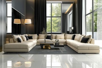 Luxurious modern living room interior with sleek furnishings and decor, glamorous design, 3D illustration