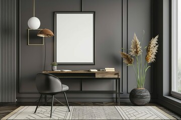 Stylish home office interior mock-up with framed poster on the wall, modern design, 3D illustration