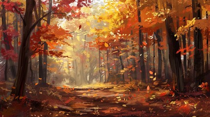 A forest in autumn, with leaves falling, using brisk strokes and a vibrant palette to convey the energy and transition of the season. Emphasize an impressionistic style - obrazy, fototapety, plakaty