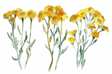 Set of vibrant yellow tansy flowers, watercolor clipart, hand-drawn wildflower illustration