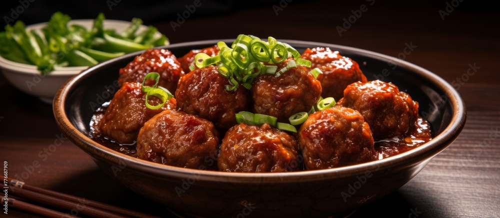 Sticker bowl filled with delicious meatballs served with a side of fresh green onions, perfect for a savory 