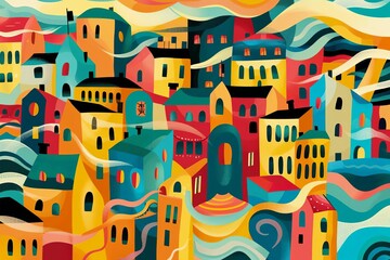 Vibrant abstract cityscape composed of colorful swirling brushstrokes, modern art illustration