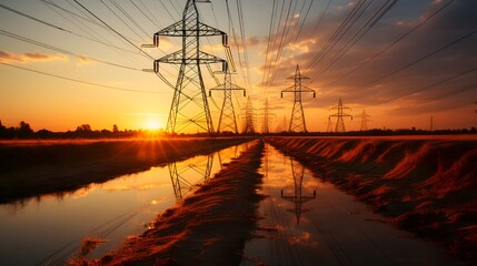 High-voltage electric towers stand side by side in the silhouette background at sunset. - obrazy, fototapety, plakaty