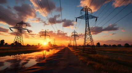 High-voltage electric towers stand side by side in the silhouette background at sunset. - obrazy, fototapety, plakaty