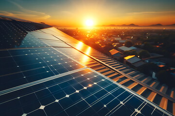a close up of a solar panel on a roof with the sun setting
