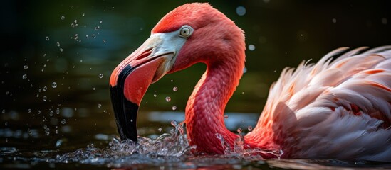 A giraffe with a unique pink head and a distinctive black beak is standing gracefully in the water - obrazy, fototapety, plakaty
