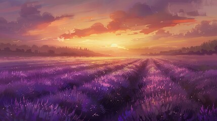 A gentle sunrise over a lavender field, with the morning mist slowly lifting to reveal the rich hues of purples and greens - obrazy, fototapety, plakaty
