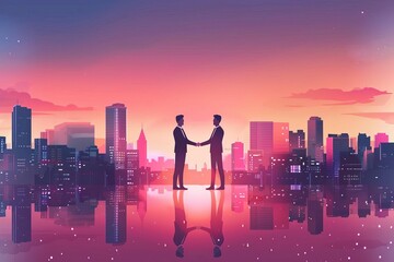 Successful businessmen shaking hands with city skyline at dusk, partnership deal concept illustration