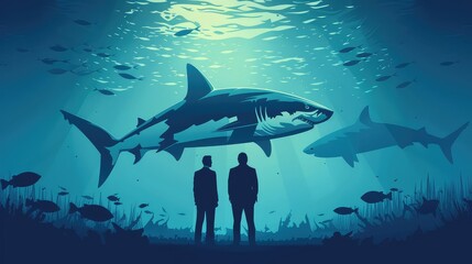 Shark Business Strategy, Powerful illustrations featuring sharks to represent strategic thinking, competitiveness, and business acumen - obrazy, fototapety, plakaty