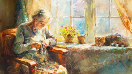 A grandmother sewing in her cozy corner, with a cat napping in the warm patch of sunlight beside her. Emphasize an impressionistic style, focusing on mood rather than meticulous detail