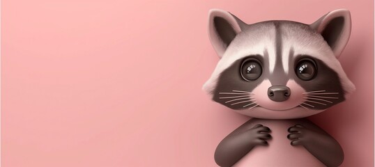 A delightful 3D rendition of a raccoon, placed on a pastel pink background, providing generous space for accompanying text. - obrazy, fototapety, plakaty