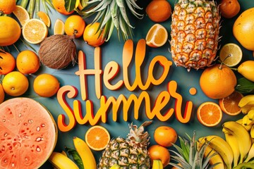 Tropical Fruits Surrounding Bold 'Hello Summer' Text, Including Pineapples, Bananas, and Citrus on Blue
