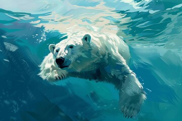 Polar bear swimming beneath the sea ice, underwater arctic wildlife illustration - obrazy, fototapety, plakaty