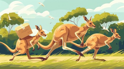Kangaroo Delivery Services, Dynamic illustrations depicting kangaroos delivering packages or mail, symbolizing speed, efficiency, and reliability