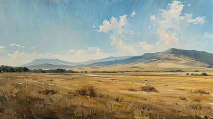 A high-altitude plateau with sparse vegetation, the broad strokes capturing the emptiness and the subtle play of light and shadow. Emphasize an impressionistic style