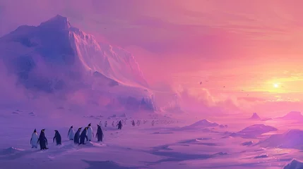 Rolgordijnen A huddle of penguins on a snowy landscape, with a few adventurous ones sliding on the ice, against the backdrop of a soft pink and purple sunset. Emphasize an impressionis © เอิร์ท เด็กอ้วนฟาร์ม