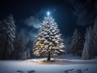 Snow covered christmas tree in winter forest with copy space at night.