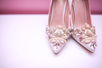 Elegant wedding shoes for bride. Wedding concept. Luxury bride's shoes.