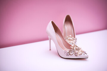 Elegant wedding shoes for bride. Wedding concept. Luxury bride's shoes.