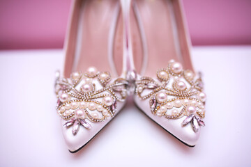 Elegant wedding shoes for bride. Wedding concept. Luxury bride's shoes.