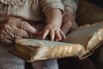 A tender moment between generations captured as elderly hands guide a child's hands over an open book.