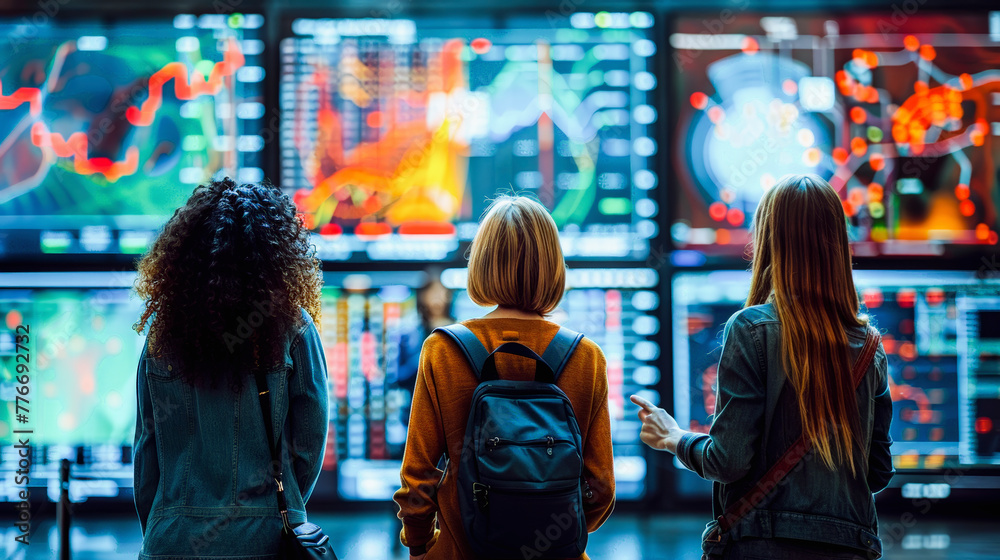 Wall mural three individuals observing complex data visualizations on large monitors, possibly analyzing financ