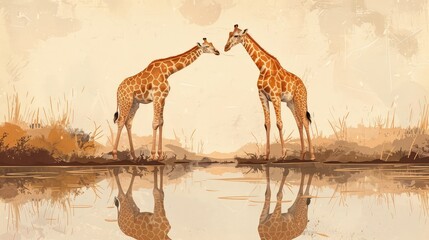 Obraz premium Giraffe Networking, Creative illustrations depicting giraffes connecting with each other, symbolizing networking, communication, and collaboration