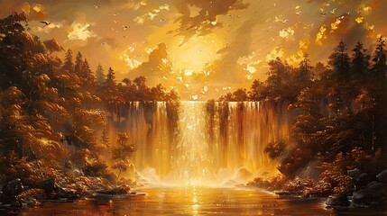 waterfall light gift from heaven pavilion and angels baroque academic style of oil golden painting, technical proficiency, classic academic painting