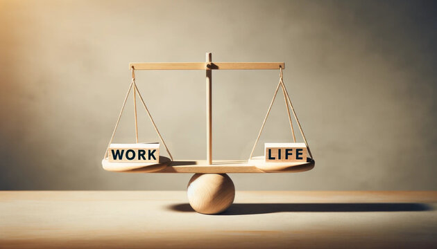 Scales of Work-Life Balance in Wooden Simplicity, Wooden scales perfectly balanced, encapsulating the work-life concept with simple elegance on a serene background.
