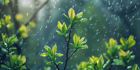 Summer rain in lush green forest, with heavy rainfall background. Rain in the forest with sun casting warm rays between the trees raining, Rainy Day on Forest Branches tree spring background