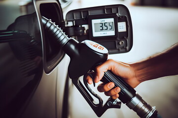 Person putting gasoline in his vehicle - obrazy, fototapety, plakaty