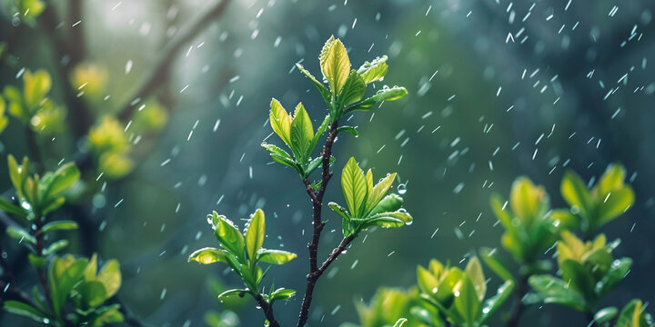 Summer rain in lush green forest, with heavy rainfall background. Rain in the forest with sun casting warm rays between the trees raining, Rainy Day on Forest Branches tree spring background