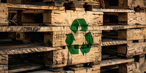 Stacks of colorful wooden euro pallets green environment background  

