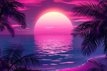 Fototapeta na wymiar A beautiful sunset over the ocean with palm trees in the background, neon style..