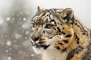 Naklejka premium Majestic Snow Leopard in Snowfall Close Up Portrait, Endangered Wild Cat in Natural Habitat, Winter Wildlife Scene