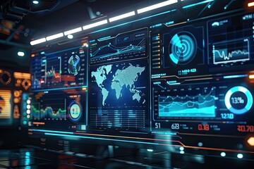 A futuristic holographic display of a stock market dashboard with interactive 3D charts and global economic indicators
